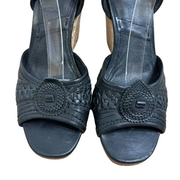 FRYE Patricia Concho Black Leather Espadrille Wedge Sandals | Size 7