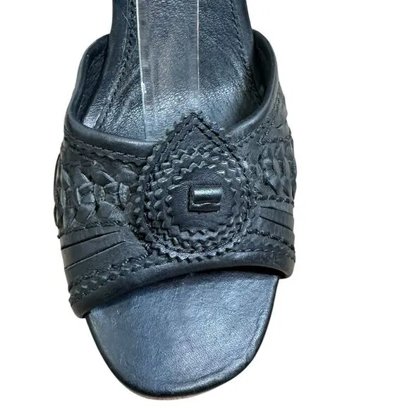 FRYE Patricia Concho Black Leather Espadrille Wedge Sandals | Size 7