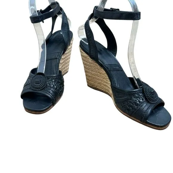 FRYE Patricia Concho Black Leather Espadrille Wedge Sandals | Size 7