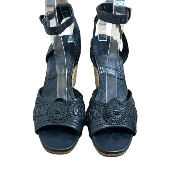 FRYE Patricia Concho Black Leather Espadrille Wedge Sandals | Size 7