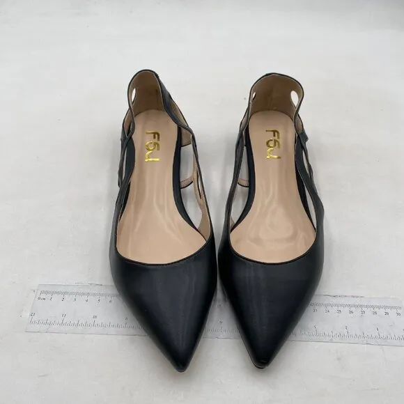 FSJ Women Classic Pointed Toe Flats Block Low Heel Pumps Irregular Cutout Black