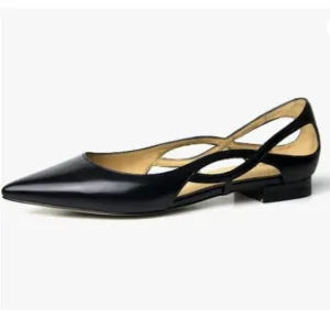 FSJ Women Classic Pointed Toe Flats Block Low Heel Pumps Irregular Cutout Black