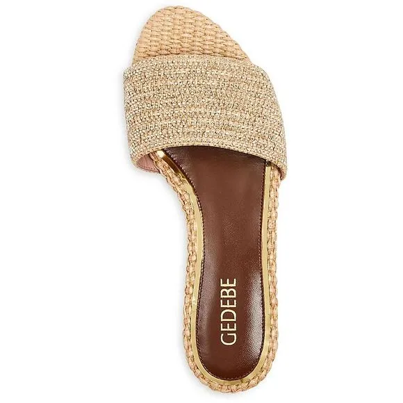 Gedebe Womens Tan Woven Slip On Open Toe Slide Sandals New