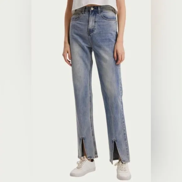 Gentle Herd Split Hem High Rise Jeans Straight Leg Denim Blue Size Medium 26