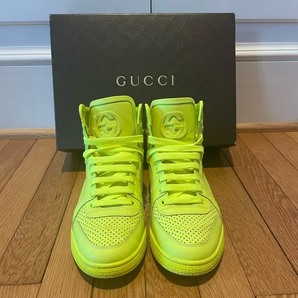 GENTLY USED AUTHENTIC GUCCI CALFSKIN CODA HIGH TOP NEON SNEAKERS SIZE 37.5/7.5