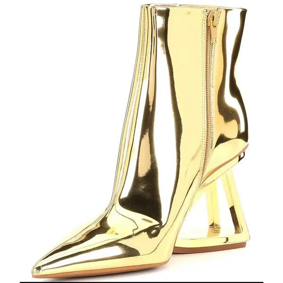 Gianni Bini Gold Mirror Wedge Boots Size 8 | Futuristic Geometric Heels NWT