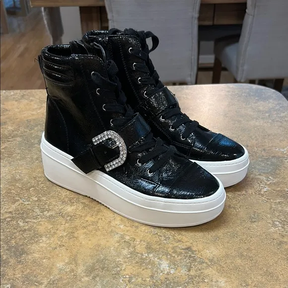Gianni Bini Kophie Rhinestone Buckle Crinkle Patent High Tops