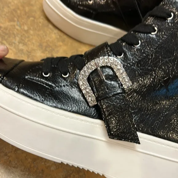 Gianni Bini Kophie Rhinestone Buckle Crinkle Patent High Tops