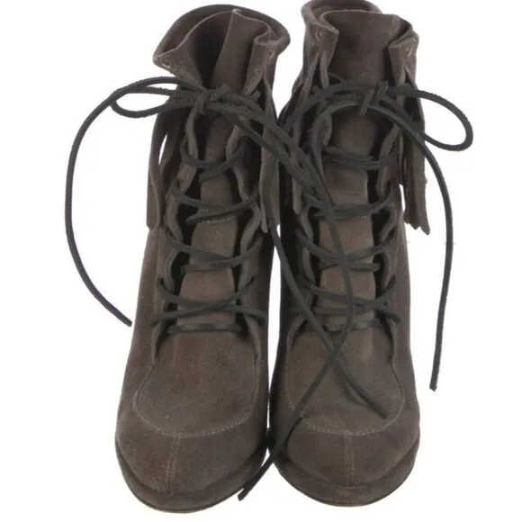 GIUSEPPE ZANOTTI Brown Suede Fringe Trim Lace-Up Platform High Heel Boots 6.5