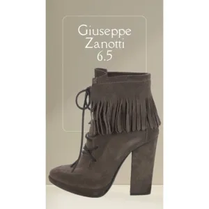 GIUSEPPE ZANOTTI Brown Suede Fringe Trim Lace-Up Platform High Heel Boots 6.5