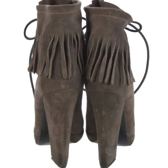 GIUSEPPE ZANOTTI Brown Suede Fringe Trim Lace-Up Platform High Heel Boots 6.5