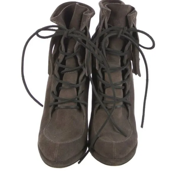 GIUSEPPE ZANOTTI Brown Suede Fringe Trim Lace-Up Platform High Heel Boots 6.5