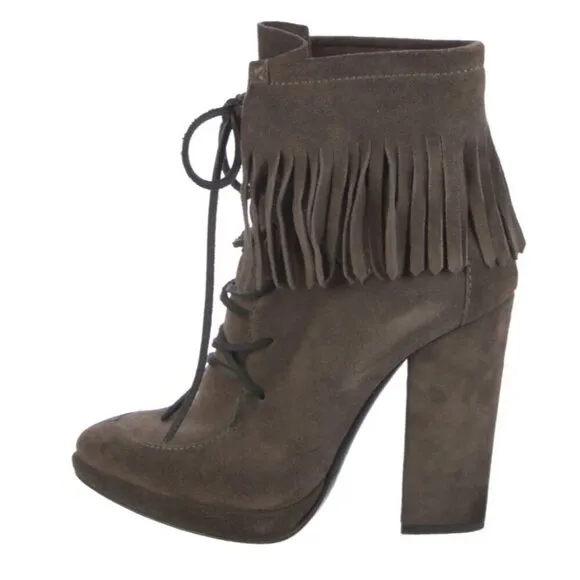 GIUSEPPE ZANOTTI Brown Suede Fringe Trim Lace-Up Platform High Heel Boots 6.5