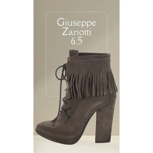 GIUSEPPE ZANOTTI Brown Suede Fringe Trim Lace-Up Platform High Heel Boots 6.5