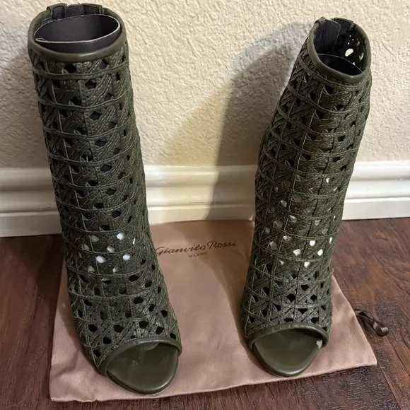 Giuseppe Zanotti Green Heeled Boots with Intricate Cutout Design