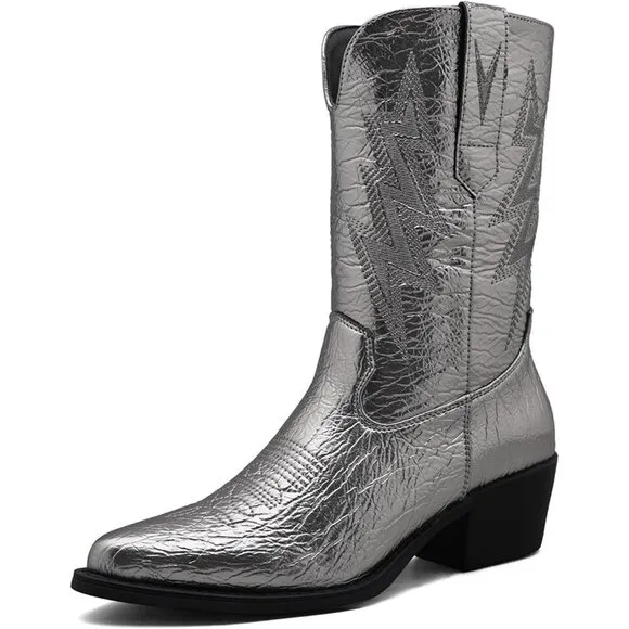 Globalwin Low Heels Women Silver Faux Leather Mid Calf Western Pointed Toe Boots