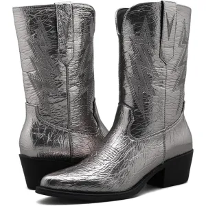 Globalwin Low Heels Women Silver Faux Leather Mid Calf Western Pointed Toe Boots