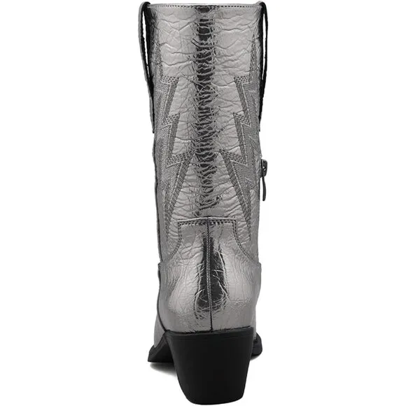 Globalwin Low Heels Women Silver Faux Leather Mid Calf Western Pointed Toe Boots