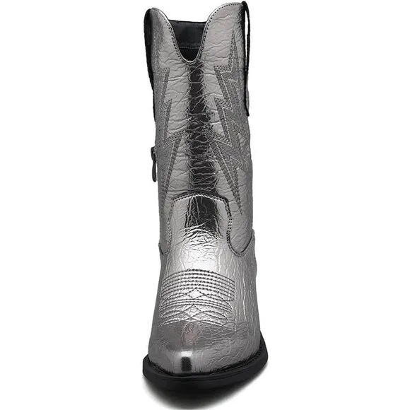 Globalwin Low Heels Women Silver Faux Leather Mid Calf Western Pointed Toe Boots