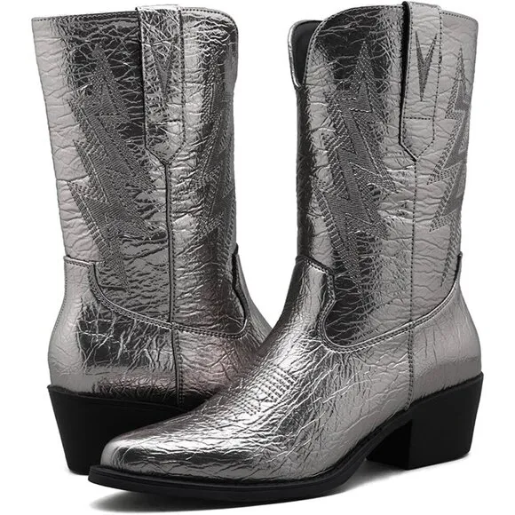 Globalwin Low Heels Women Silver Faux Leather Mid Calf Western Pointed Toe Boots
