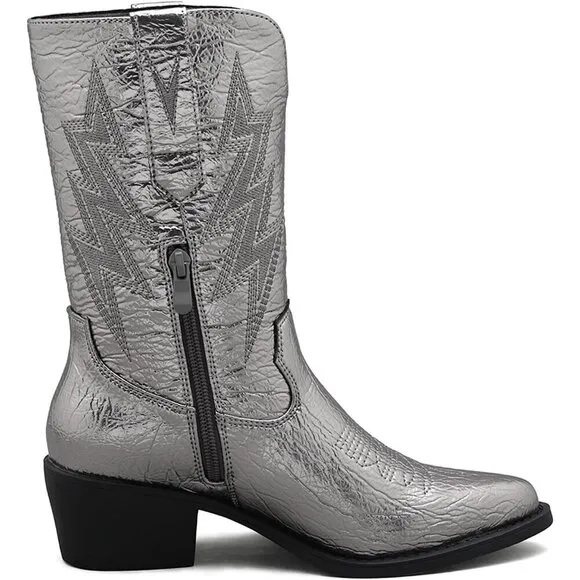 Globalwin Low Heels Women Silver Faux Leather Mid Calf Western Pointed Toe Boots