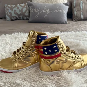Gold High-Top MAGA Sneakers with American Flag Detail NWOT