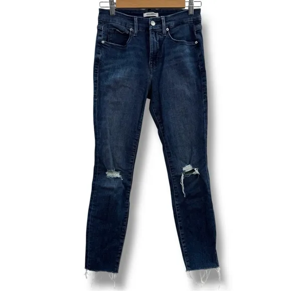 Good American Good Legs Crop Jeans Mid Rise Skinny Leg Distressed Raw Hem Sz 2