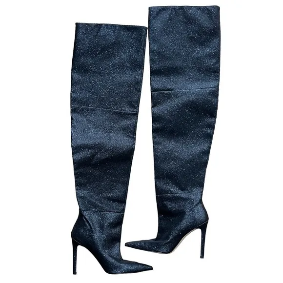 Good American NEW Slouch Over the Knee Black Glitter Stiletto Heel Boots 7