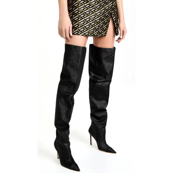 Good American NEW Slouch Over the Knee Black Glitter Stiletto Heel Boots 7