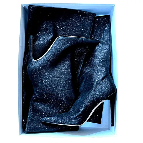 Good American NEW Slouch Over the Knee Black Glitter Stiletto Heel Boots 7