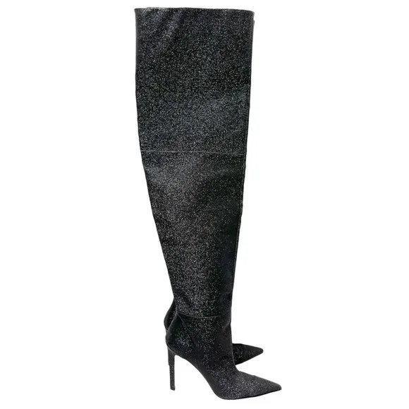 Good American NEW Slouch Over the Knee Black Glitter Stiletto Heel Boots 7