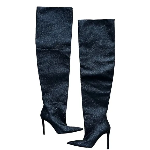 Good American NEW Slouch Over the Knee Black Glitter Stiletto Heel Boots 7