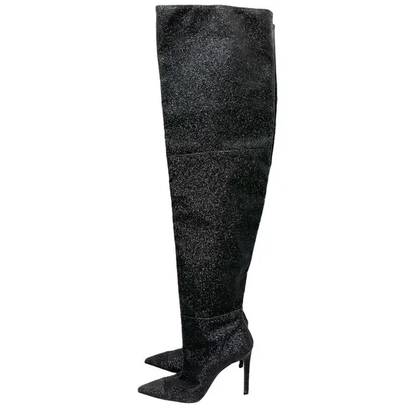 Good American NEW Slouch Over the Knee Black Glitter Stiletto Heel Boots 7