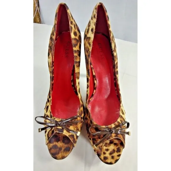 Guess Platform High Heel Animal Print Shoes Open Peep Toe Womens  Size 9.5