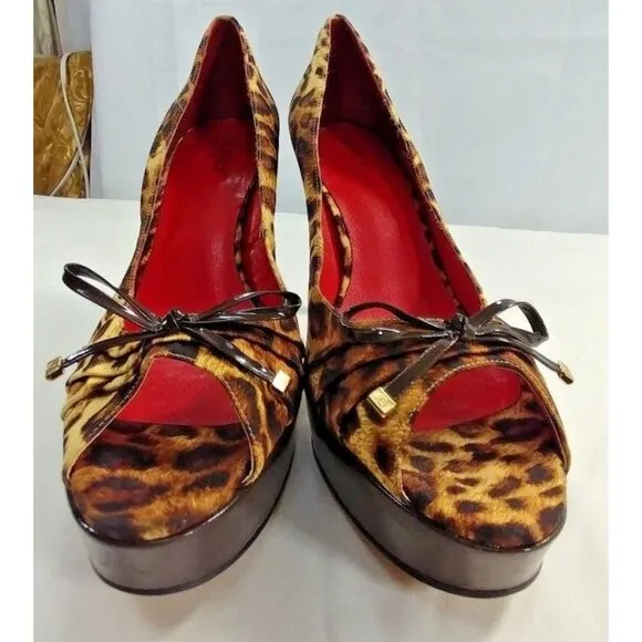 Guess Platform High Heel Animal Print Shoes Open Peep Toe Womens  Size 9.5