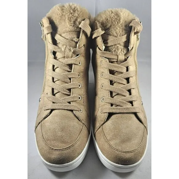 Guess Women's Sybela Laceup Beige Suede Leather Wedge Ankle High Top Size 11