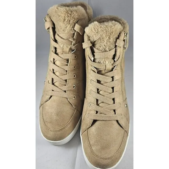 Guess Women's Sybela Laceup Beige Suede Leather Wedge Ankle High Top Size 11