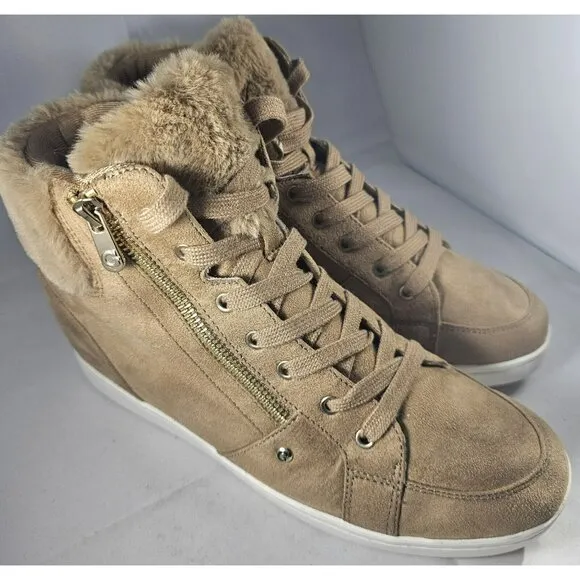 Guess Women's Sybela Laceup Beige Suede Leather Wedge Ankle High Top Size 11