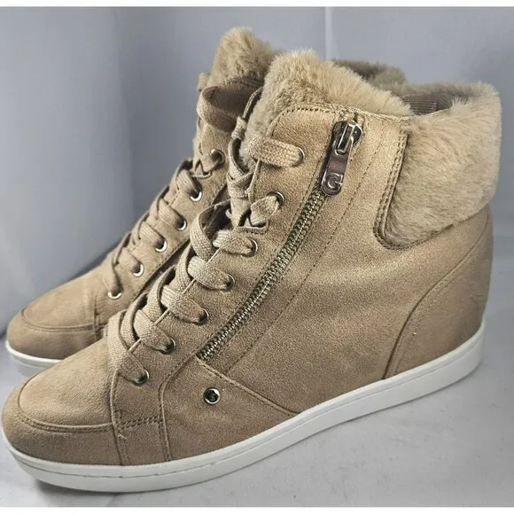 Guess Women's Sybela Laceup Beige Suede Leather Wedge Ankle High Top Size 11