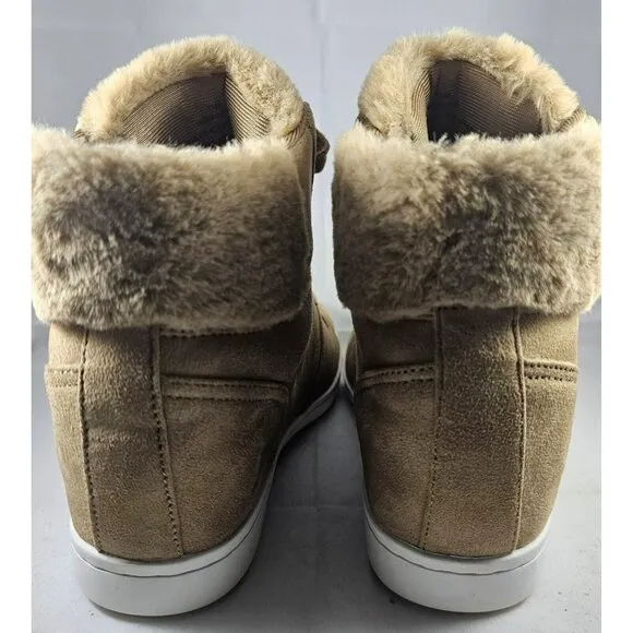 Guess Women's Sybela Laceup Beige Suede Leather Wedge Ankle High Top Size 11