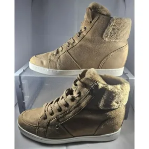 Guess Women's Sybela Laceup Beige Suede Leather Wedge Ankle High Top Size 11