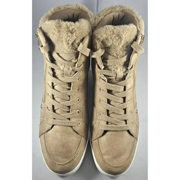 Guess Women's Sybela Laceup Beige Suede Leather Wedge Ankle High Top Size 11