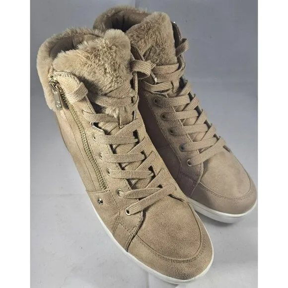 Guess Women's Sybela Laceup Beige Suede Leather Wedge Ankle High Top Size 11