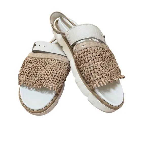 Henry Beguelin White Platform Sandals Tan Woven Leather Slingback Women’s 8 US