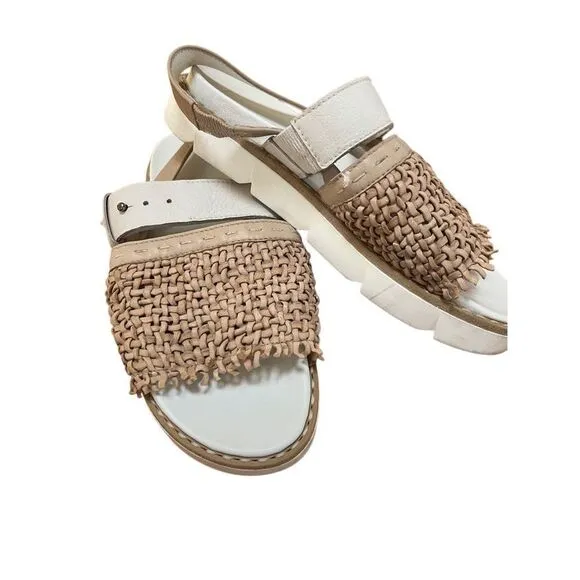 Henry Beguelin White Platform Sandals Tan Woven Leather Slingback Women’s 8 US