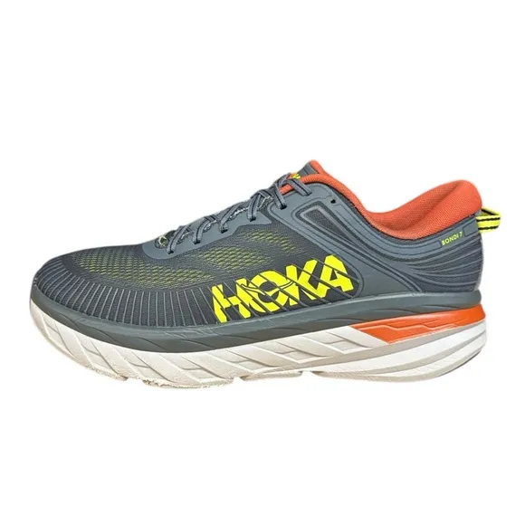 Hoka One One Bondi 7 Gray-Orange-Neon Running Walking Shoes Sneaker Mens Size 12