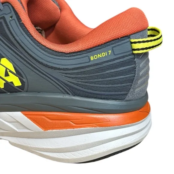 Hoka One One Bondi 7 Gray-Orange-Neon Running Walking Shoes Sneaker Mens Size 12