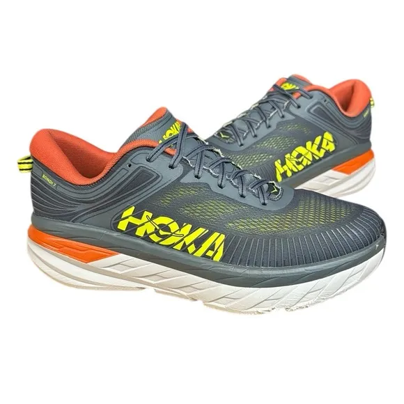 Hoka One One Bondi 7 Gray-Orange-Neon Running Walking Shoes Sneaker Mens Size 12