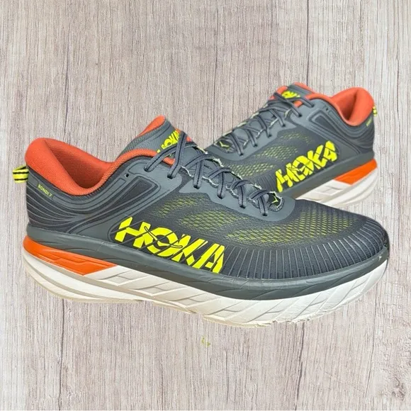 Hoka One One Bondi 7 Gray-Orange-Neon Running Walking Shoes Sneaker Mens Size 12