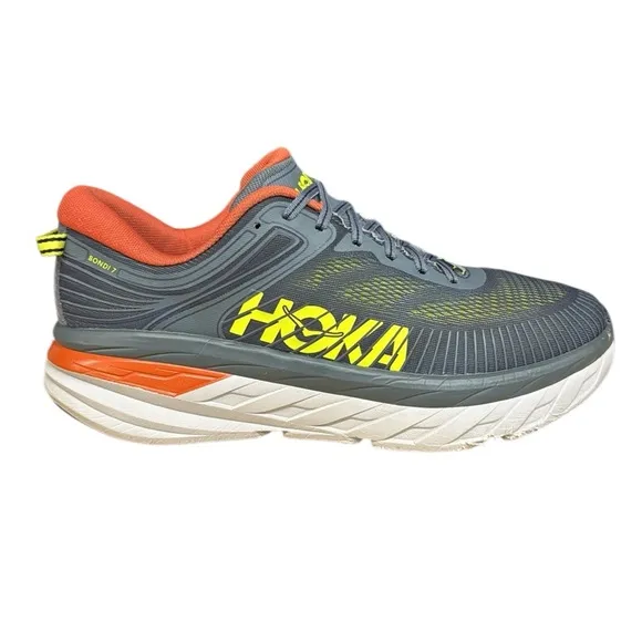 Hoka One One Bondi 7 Gray-Orange-Neon Running Walking Shoes Sneaker Mens Size 12